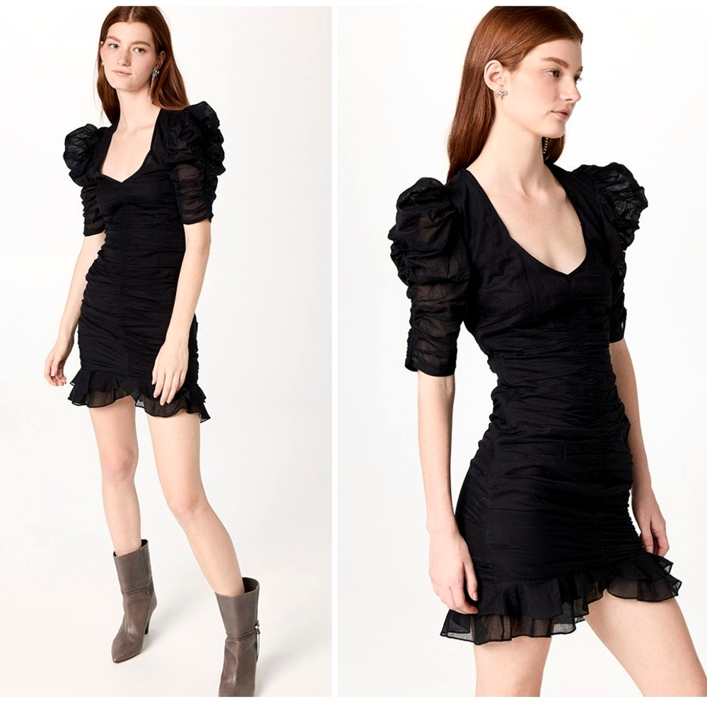 Isabel Marant Etolie 6 Cotton Puff-sleeve Mini Dress $590 Sireny Ruched Black 38